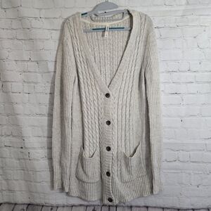 Aeropostale Women's Beige Cable Knit Cardigan Sz Xl Long Line Button Up V Neck